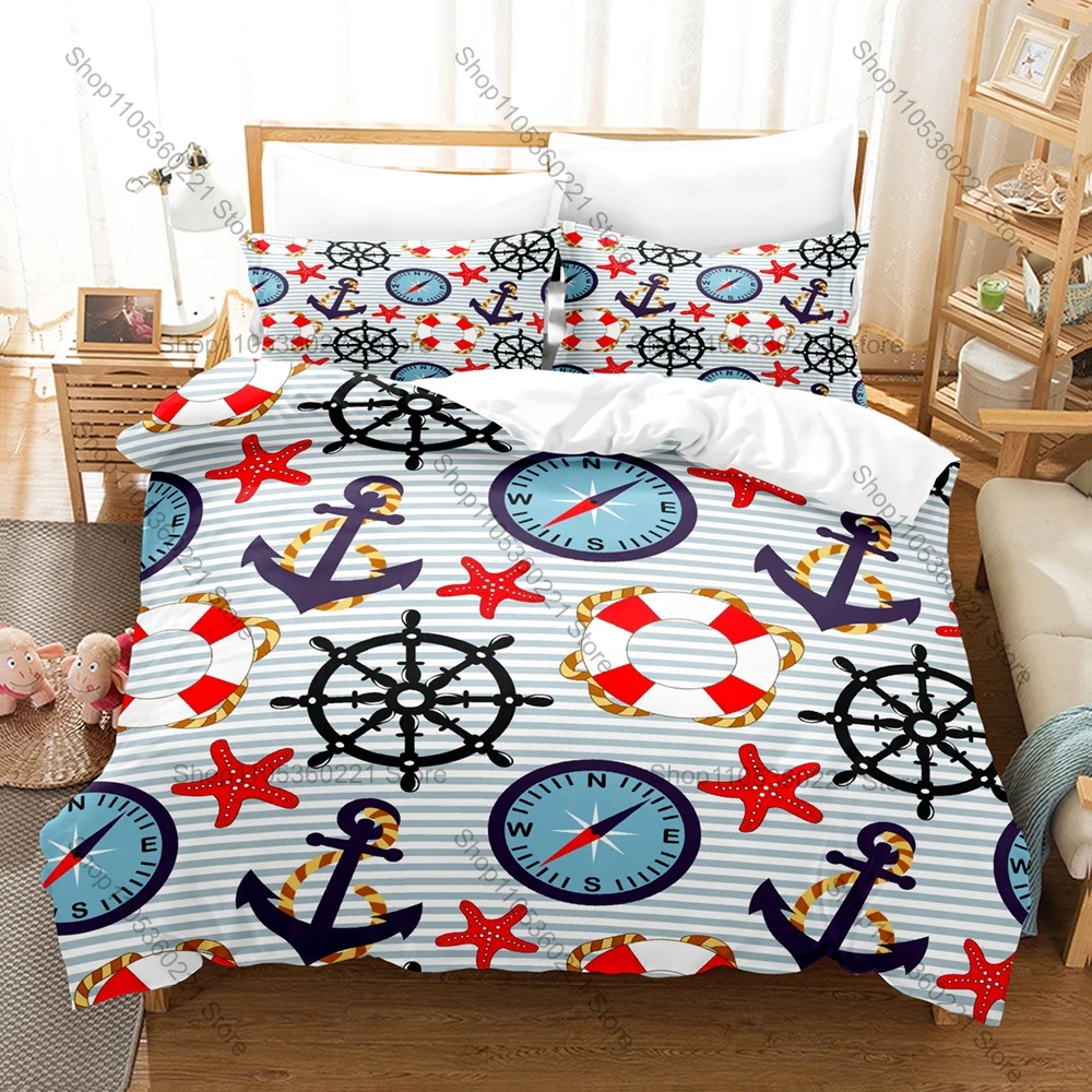 Cool Minimal Vintage Blue Anchor Nautical Sea Marine 3D Print Bedding Set Includes Duvet Cover + 2 Pillowcases Cool Coastal Sail