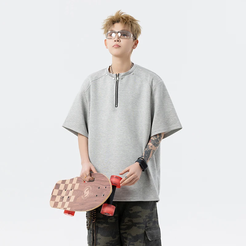 2026 Summer Edition Heavy-duty Half-Zip Short-Sleeved T-Shirt Loose Round-neck Shirt for Men