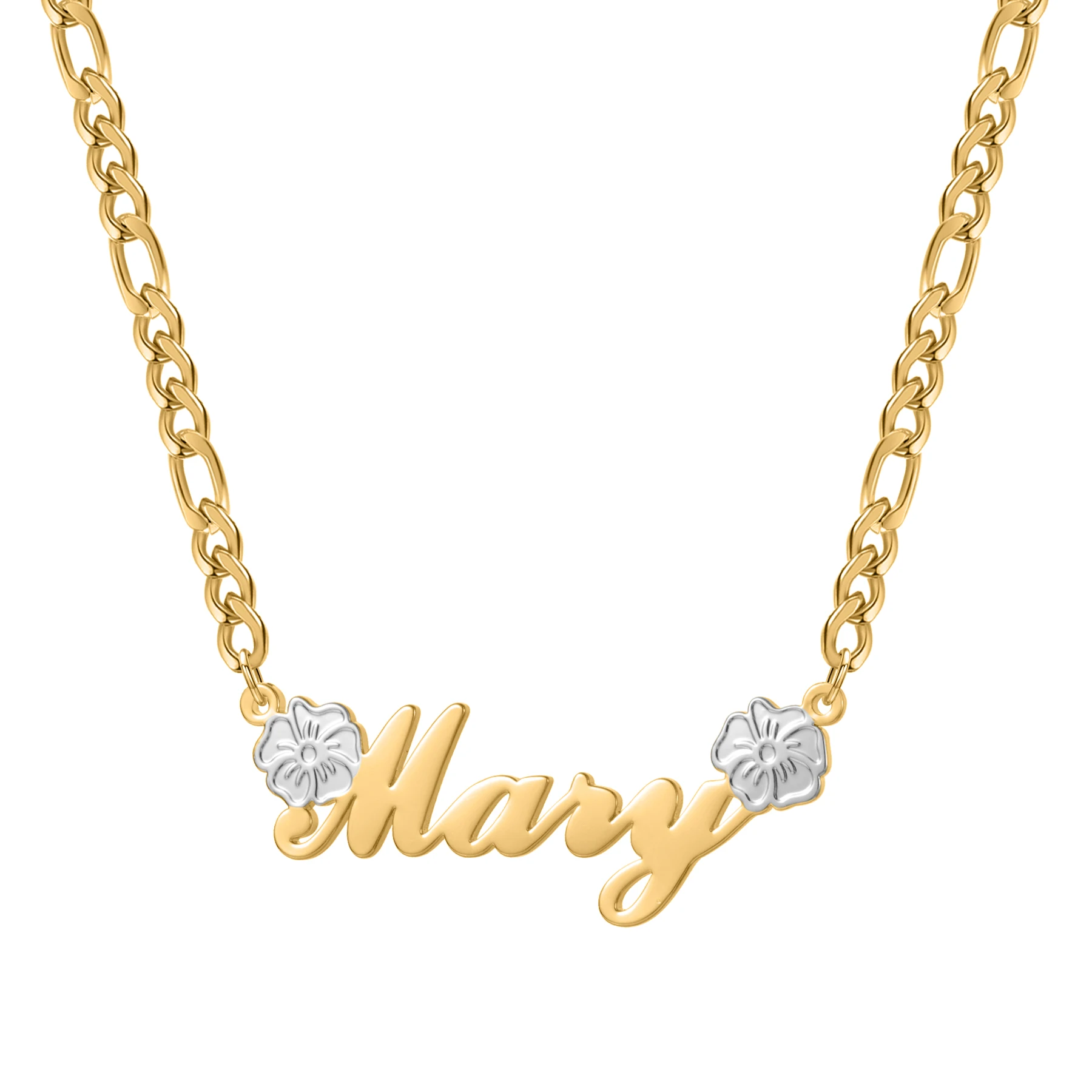

Custom Two - Tone Name Necklace Personalized Cursive Name Pendant With Flower Accents Gold - Plated Chain Jewelry Unique Floral