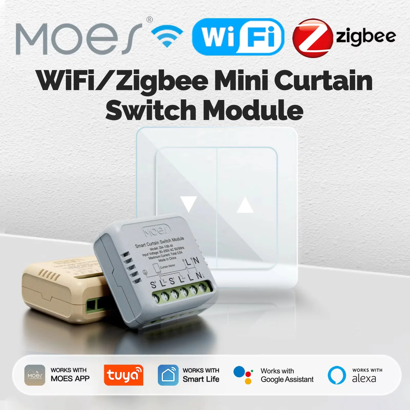 MOES Tuya WiFi/ZigBee Smart Curtain Switch Module Mini Design For Rocker Reset Switch App Remote Control Work With Alexa Google