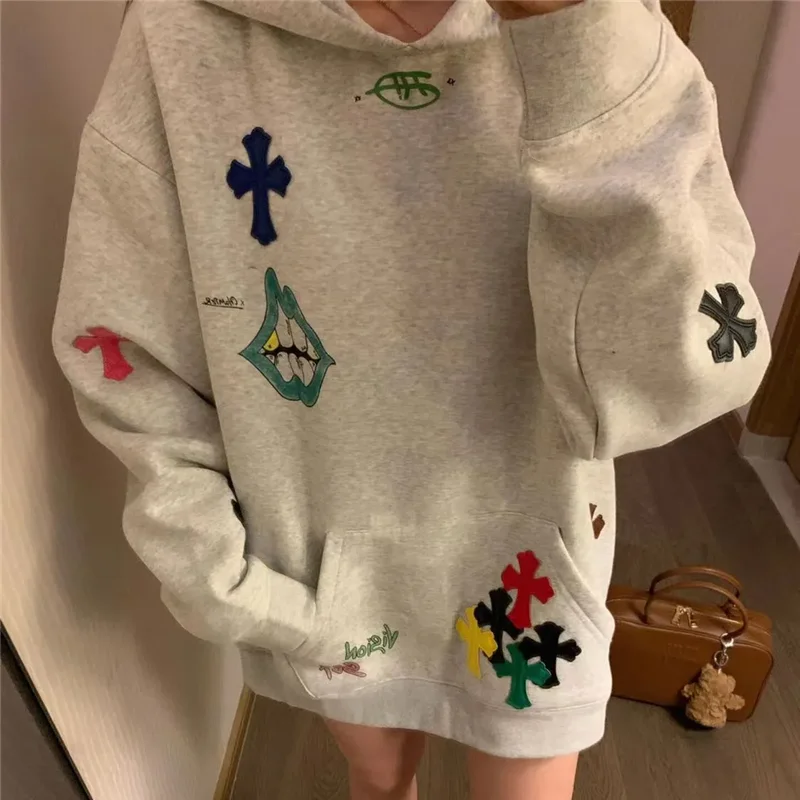 Autumn Winter Hoodie Women 2024 New Fashion Loose Casual Tops Hooded Coat Vintage Pullover Cross Printing Outerwear Female