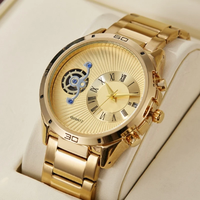 Luxury Feituo wheel non-mechanical watch gold steel belt simple fashion business men's watch