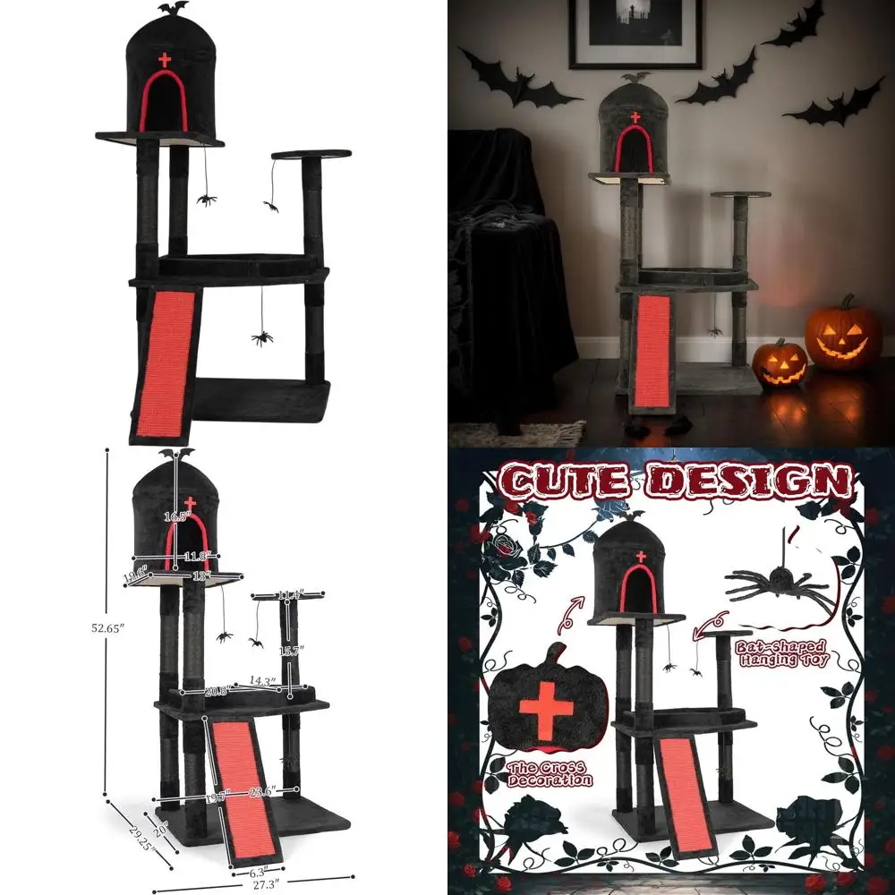 

Halloween-Themed Cat Tower for Large Felines: Gothic Design, Multi-Level Play, Spider Toys & Scratch Pad (Red & Black)