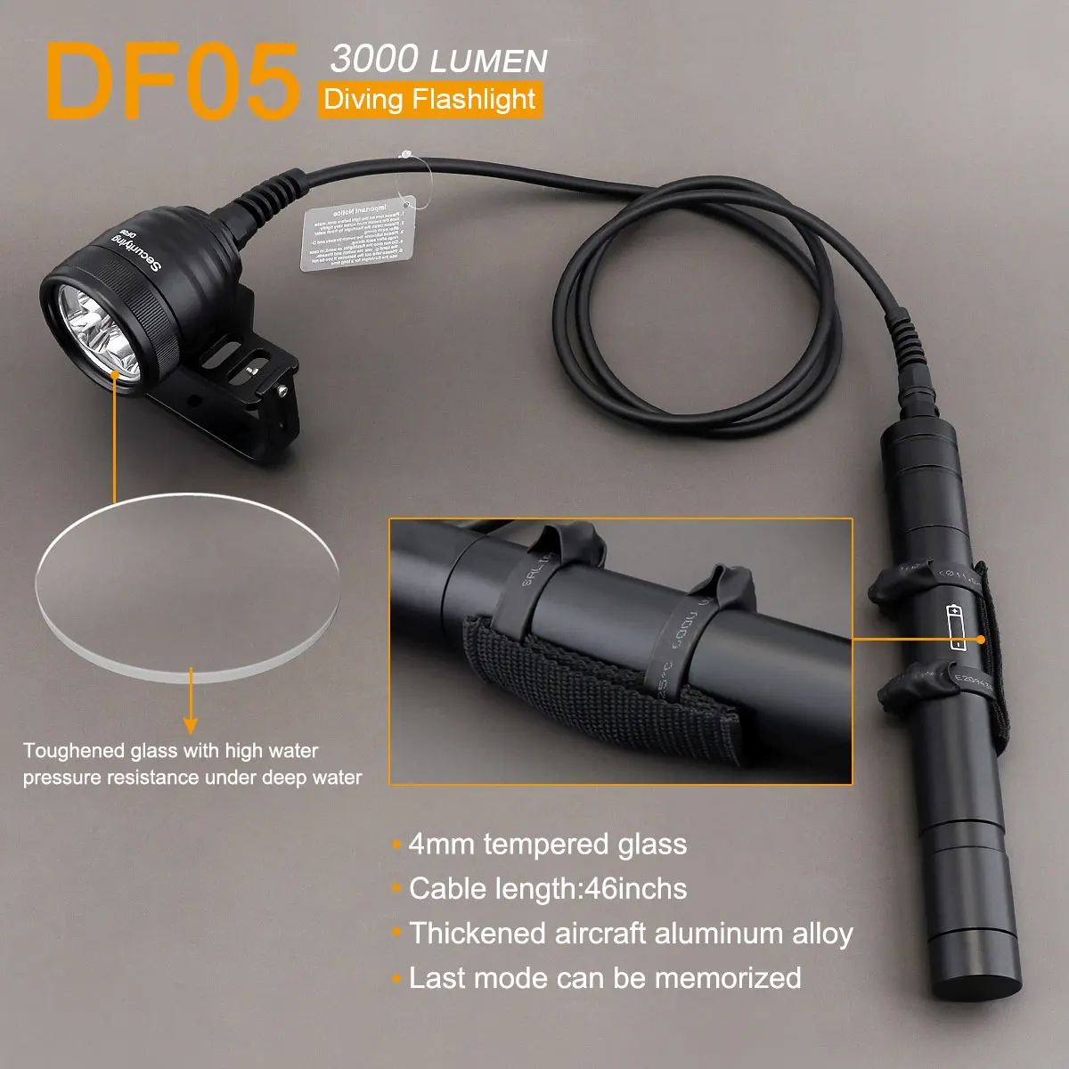 SecurityIng Scuba Split-type 3000LM Torch Diving Primary Flashlight Dive Light LED Narrow Beam Underwater 150m with 1.2/2M Line