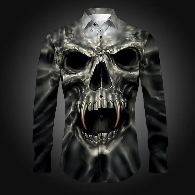 Men's Dark Fanged Skull Realistic 3D Print Long Sleeve Shirt Lapel Button Tops For Punk Bar Street Daily Casual Wear