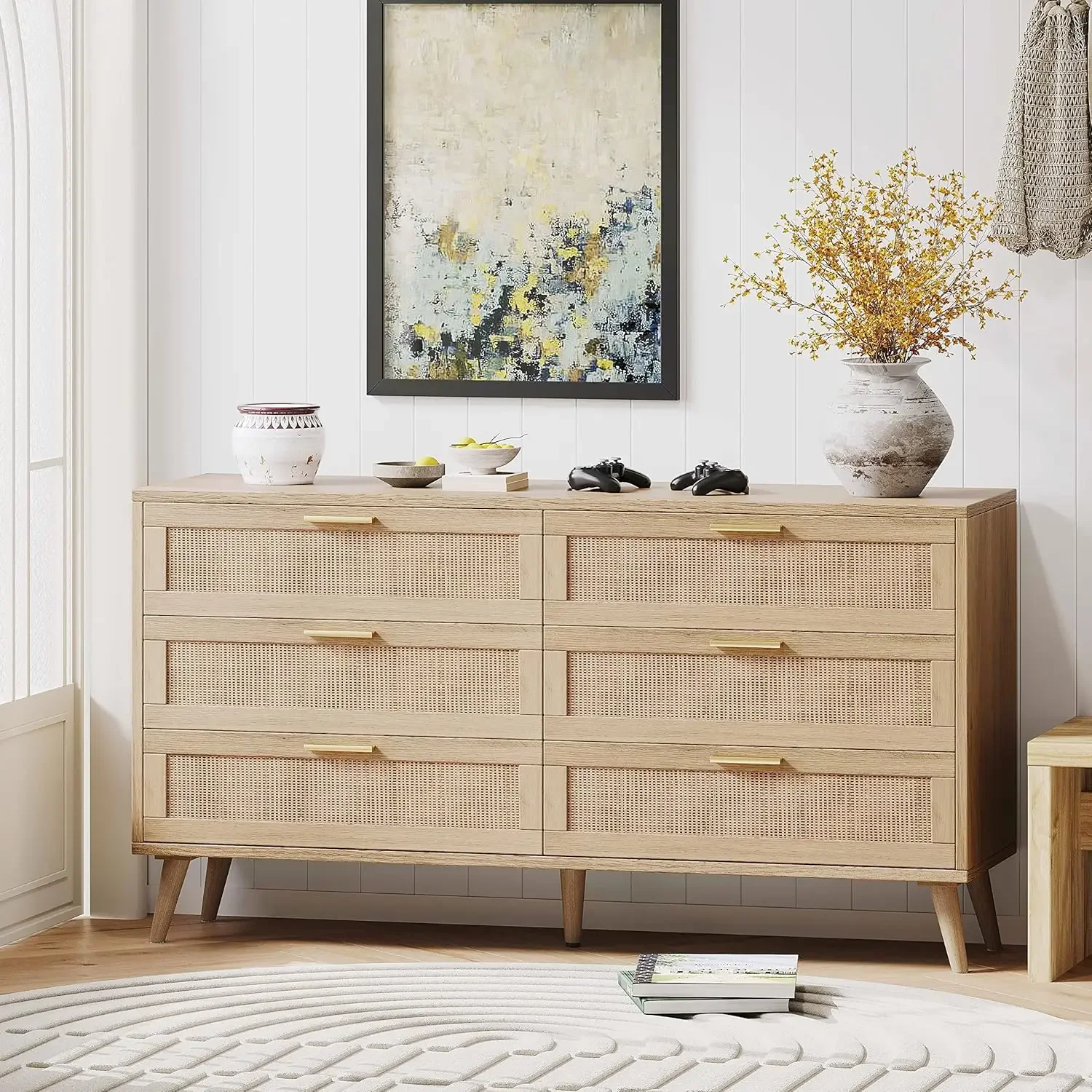 Modern Wooden Dresser Chest with Golden Handles, Beside Table for Closet, Living Room and Entryway, Natural RDG001M