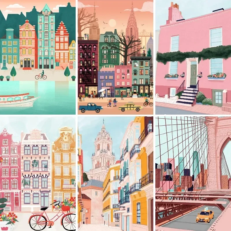 Diamond Art Painting Kit Cartoon City Travel Posters of Bristol ,Amsterdam,New York,Washington,Paris,Malaga ,Amalfi, Rome,Gift