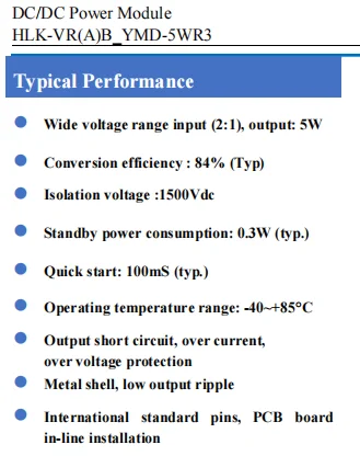Hi-Link HLK-VR (A) B_YMD-5WR3 5W Isolated Regulated DC-DC Power Module 2:1 Wide Input 1500Vdc Isolation DIP PCB Mount Power Supp