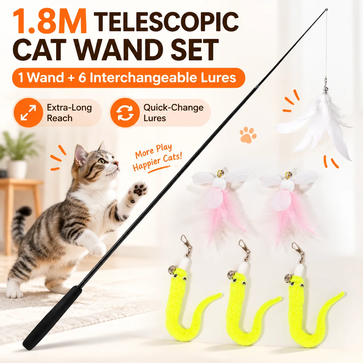 1pc 1.8M Telescopic Cat Wand Toy with 6 Interchangeable Feather Lures, Interactive Teaser Exercise Toy for Indoor Cats & Kittens