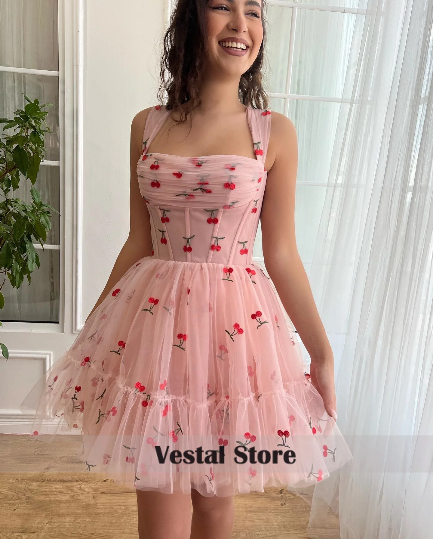 Pink Embroidery Tulle Short Mini Homecoming Dress Spaghetti Strap Ruched Corset Tiered Ruffle Birthday Cocktail Gown Customized
