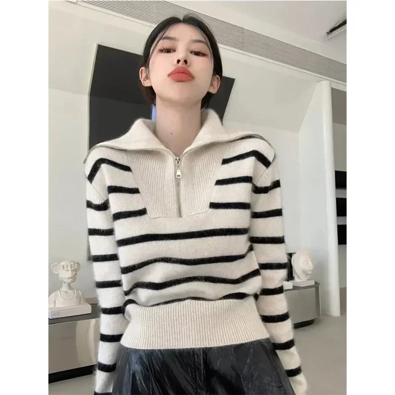 Fashion Striped Sweaters for Women Autumn Winter Oversize Long Sleeve Women's Sweater Causal Turn-down Collar Knitted Top