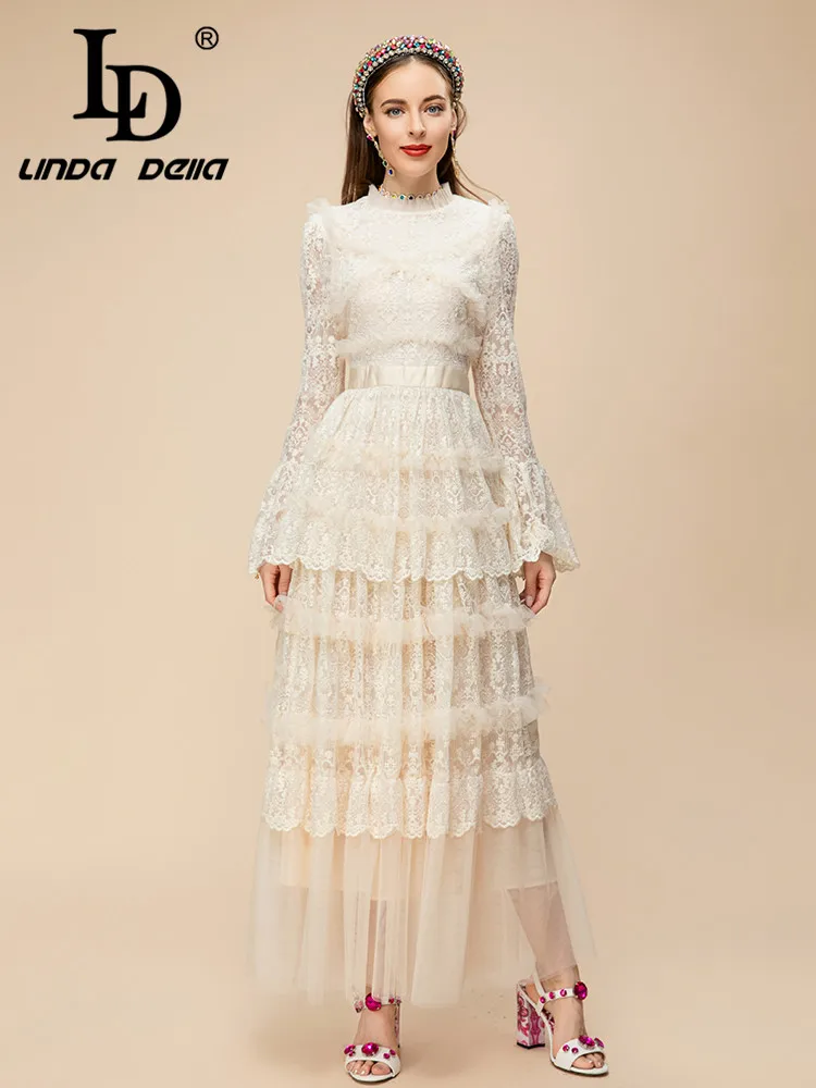 LD LINDA DELLA Runway Designer Elegant Party Dress Women's Cream-Coloured Cascading Ruffle Embossed hollow Splice Netting Dress