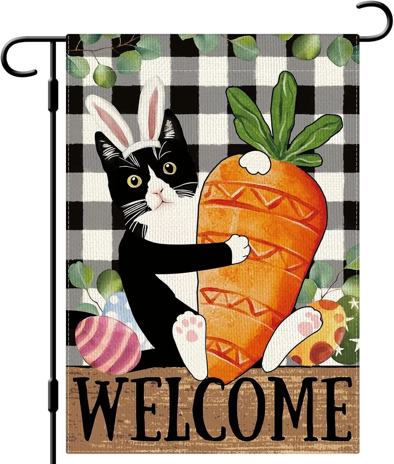 DLZDN Easter Cat Egg Garden Flag 12×18 Inch Double Side Buffalo Plaid Farmhouse Yard Sign Spring Holiday Outdoor Decoration  PPM