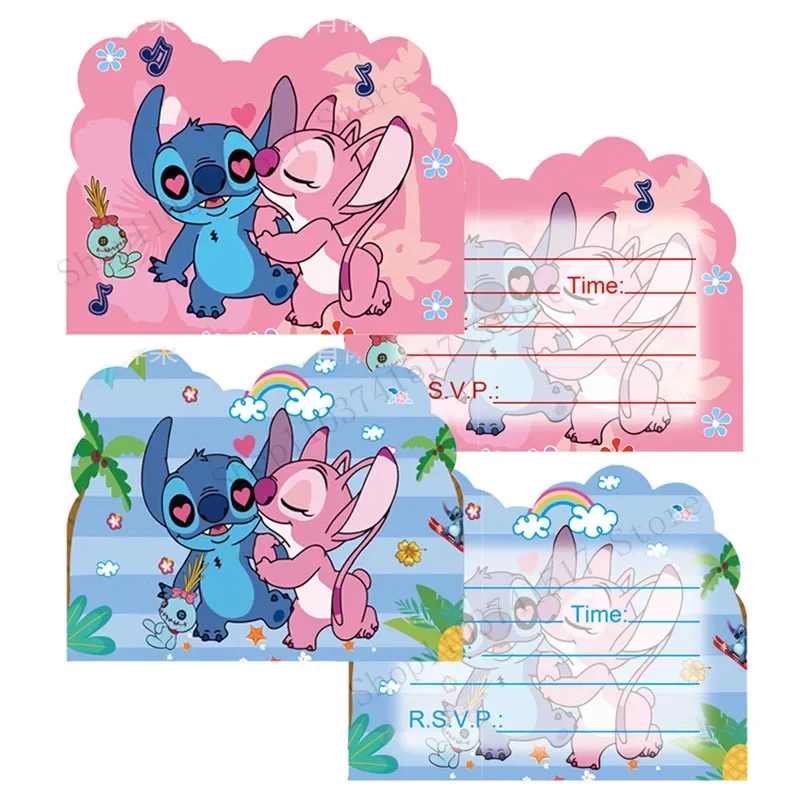 10 ชิ้น/ล็อต Stitch การ์ดเชิญตกแต่งเค้กการ์ดเด็ก Blue Stitch Pink Angel โปสการ์ดอุปกรณ์อาบน้ําเด็กการ์ด