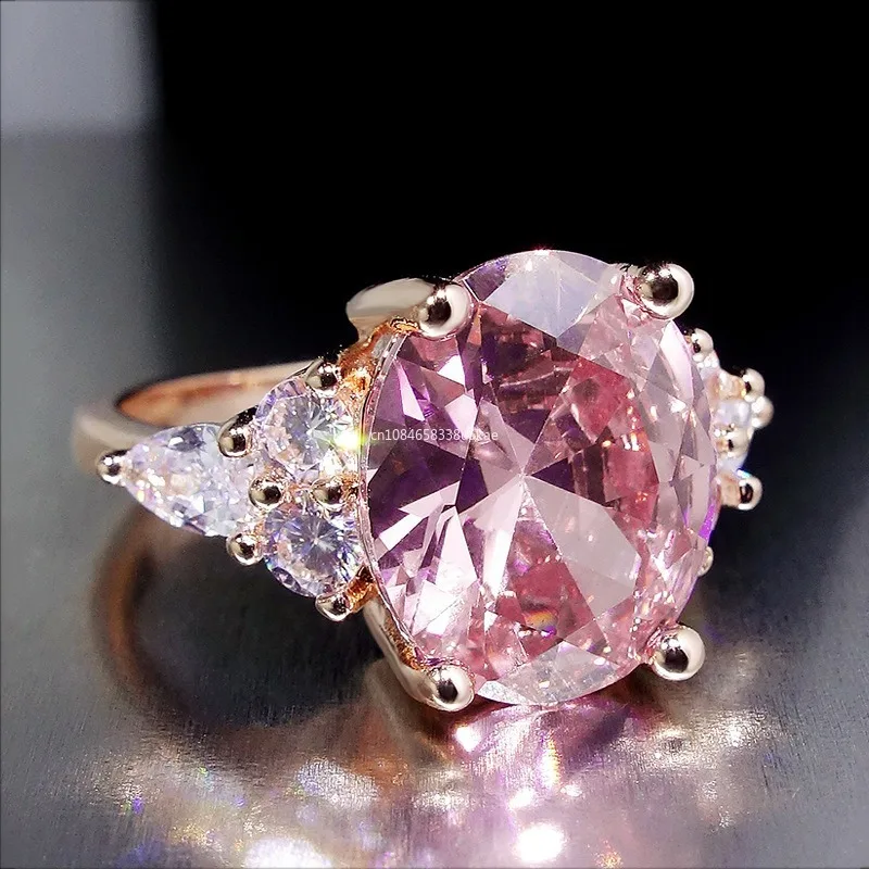 Big Oval Stone Pink Zircon Ring Female Luxury Crystal Engagement Rings for Women Vintage Rose Gold Silver Color Wedding Jewelry