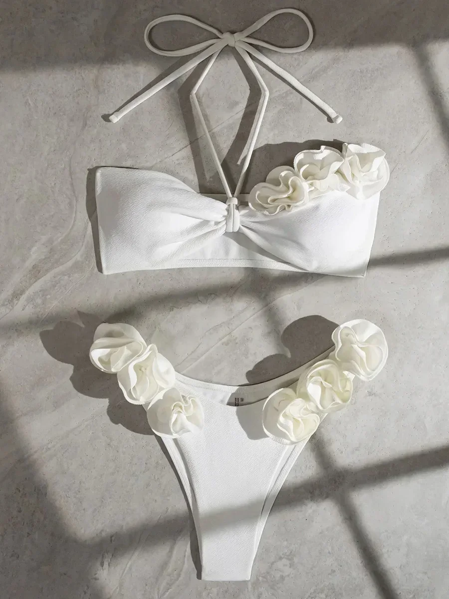 

3D цветок плиссированное бикини 2025 женские бикини бандо купальник женский купальник комплект бикини из двух частей купальный костюм с лямкой на шее купальный костюм леди