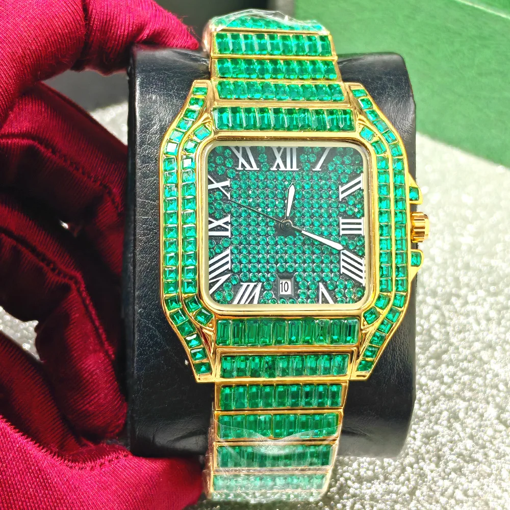 Hip Hop High Quality Luxurious Square Diamond Quartz Watch Men Green Ice Out Hot Selling Fashion Steel Watches AAA Clock Reloj