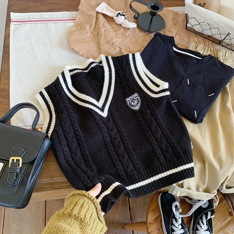 Unisex Kids Academic Style Knit Vest Korean Style Winter Sweater Vest for Children Autumn Winter Cozy Knitted Jacket Top