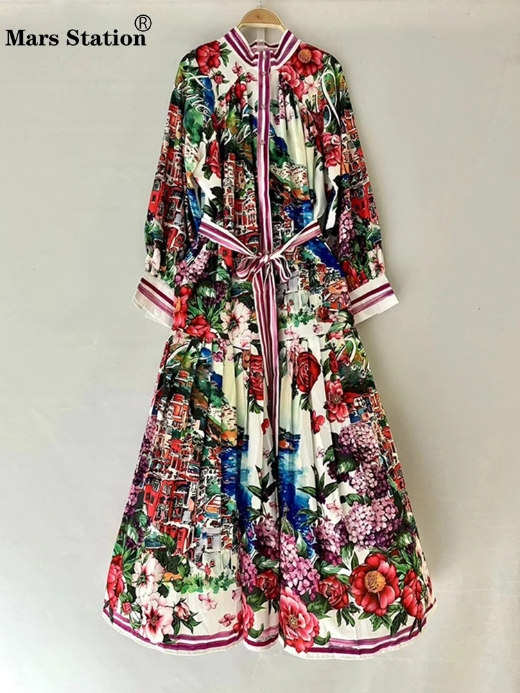 

Vintage landscape print stand collar single breasted long dress 2024 autumn women's new fashion loose draping pondy skirt