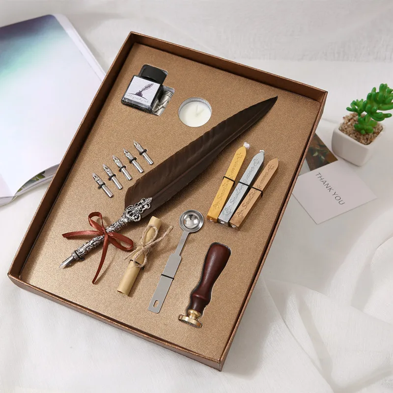 

Vintage Classic Calligraphy Feather Pen Set with Wax Ink Seal Stamp Wood Dip Pen And Ink Bottles Gift for Students And Adults