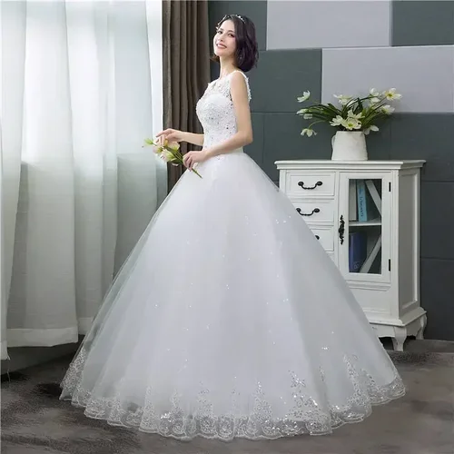 Imagen 2 del producto Vestidos De Novia blanco puro con cuello en V apliques con lentejuelas sin mangas princesa hasta el suelo vestidos De Novia De talla grande HS288