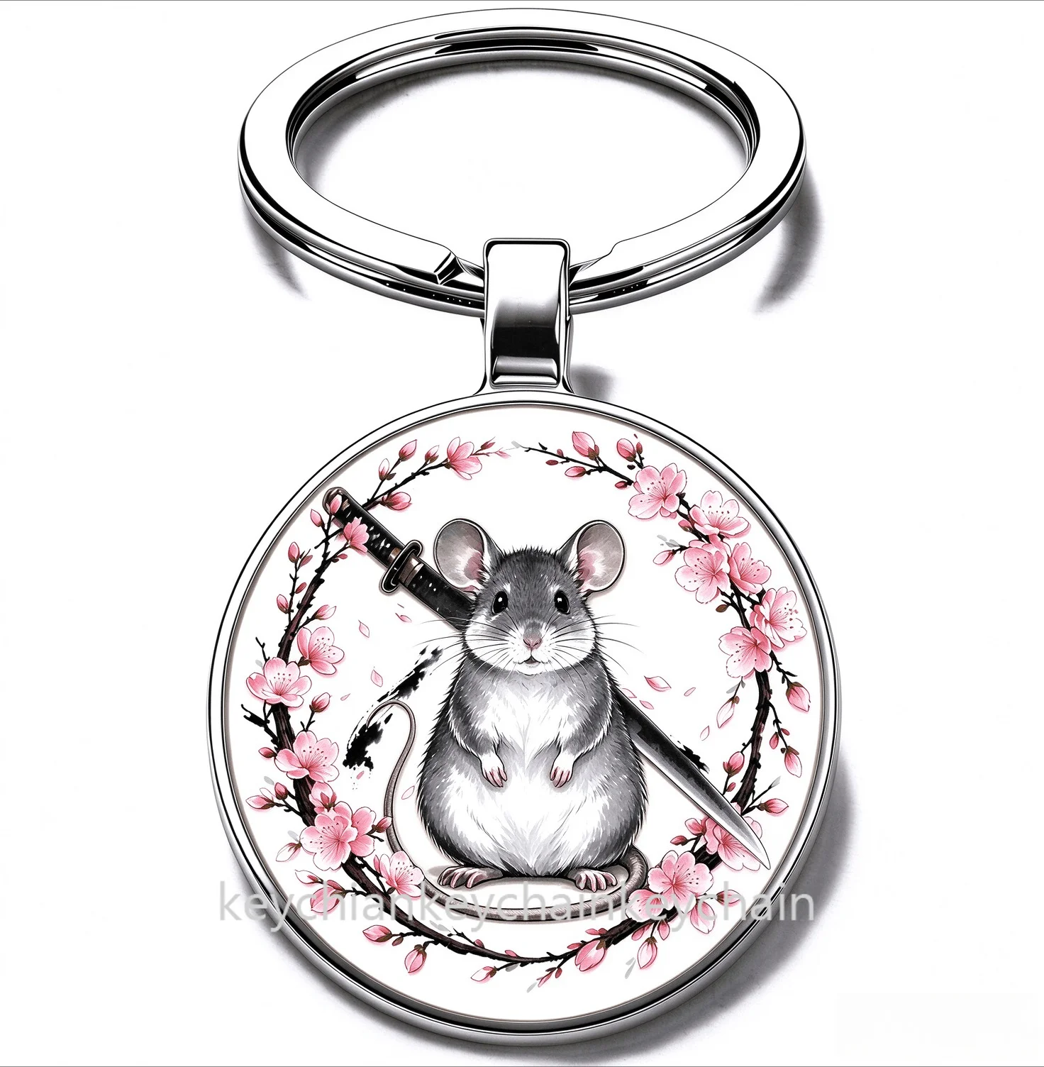 Japanese Cartoon mouse zodiac mouse Cherry Blossom Katana Keychain Samurai Sword Sakura Wreath Key Ring Car Bag Pendant Men Gift