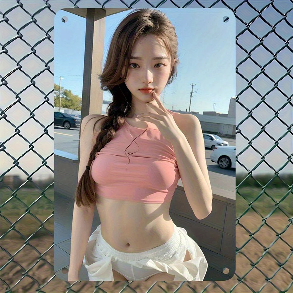 

1pc Vintage Metal Wall Art Sign 8"x12" - Classic Pink Top & White Shorts Girl Design, Rustic Decor For Home, Bar, Cafe, Or Kinde