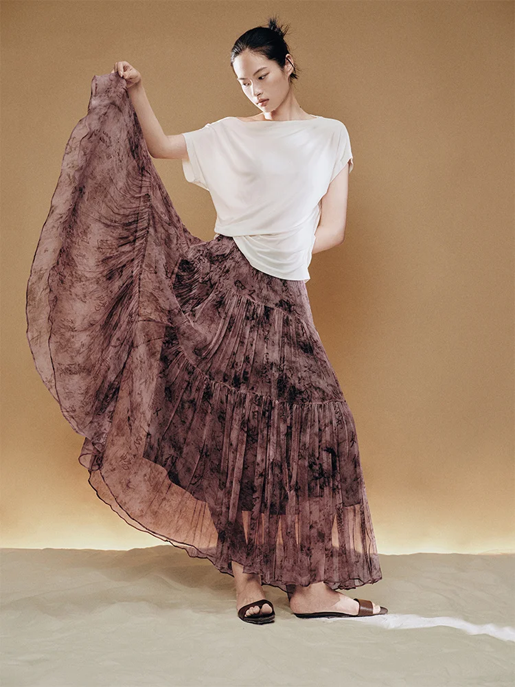 

Шелковая асимметричная юбка-миди (4 м), двухслойная, с принтом, в стиле «лаконичный шик», с завышенной талией, для повседневной носки