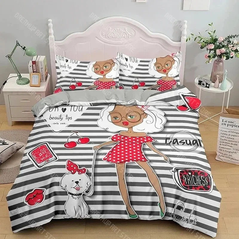 

Cartoon Girly Watercolor Fashion Girl Modern Women Bedding Set Boys Girls Twin Queen Size Duvet Cover Pillowcase Bed Boys Adult