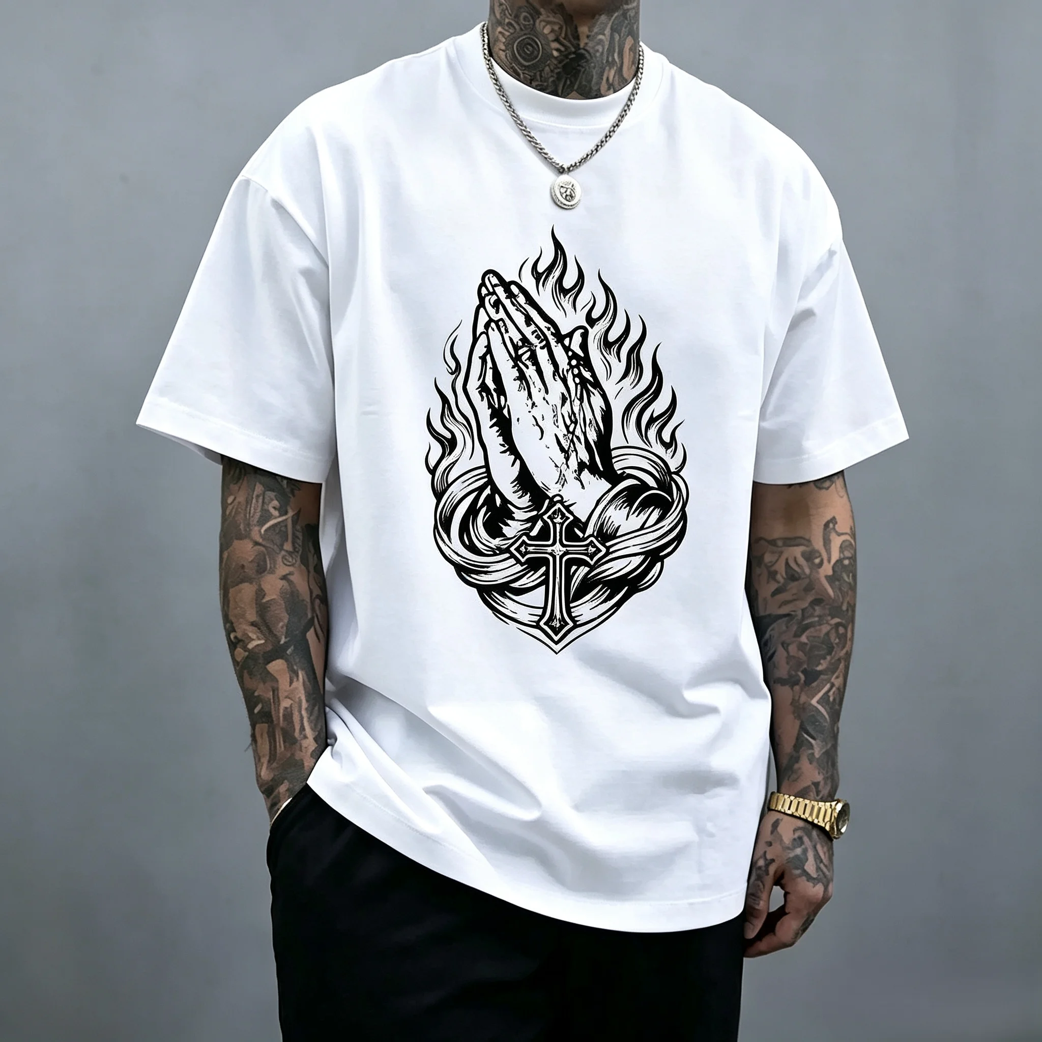 Unisex Praying Hands Flame Cross Graphic T Shirt Men Vintage Black Line Art Oversized Tee Women Christian Religious Hip Hop Streetwear Short Sleeve T-shirt