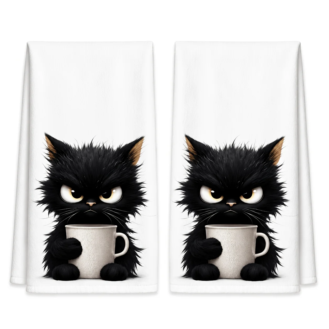 2-piece set Arrogant fried hair angry cup small black cat kitchen towel