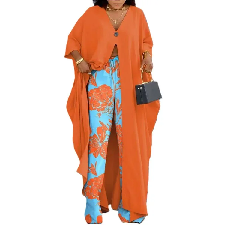 Summer African 3/4 Sleeve Polyester Printing V-neck 2pcs Top Long Pant Matching Sets African Clothes for Women