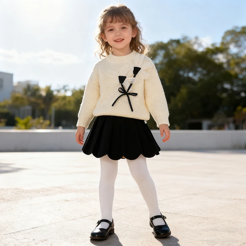 2026 New Spring 2-6Yrs Baby Girl Knitted Clothes Suit Long Sleeved Knitted Pullover Sweater+Short Skirt Kids Clothes Set