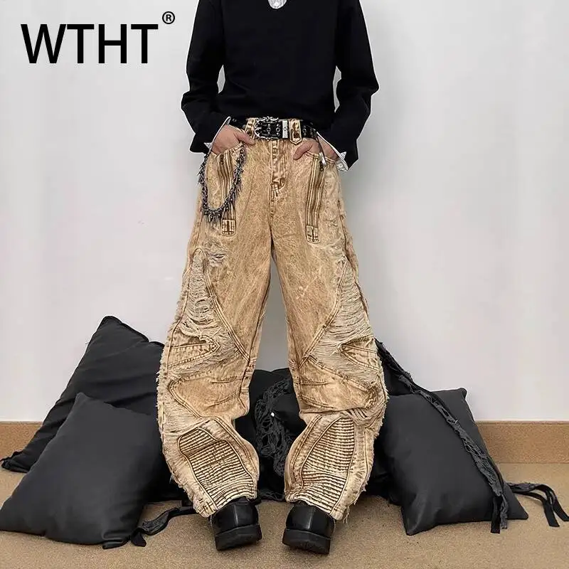 

WTHT Vintage Men's Heavy Industy Burr Edge Irregular Denim Pants Fashion High-waisted Wide Leg Jeans Male 2026 Summer 2A3133
