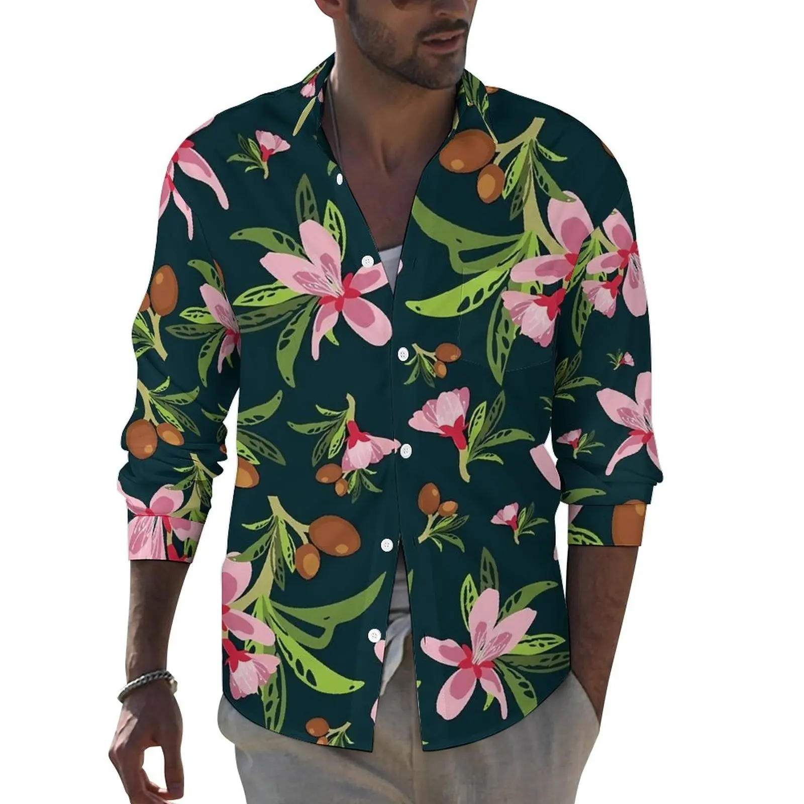 

Tropical Floral Shirt Man Green Pink Flower Casual Shirts Autumn Funny Graphic Blouses Long Sleeve Trending Oversized Top Gift