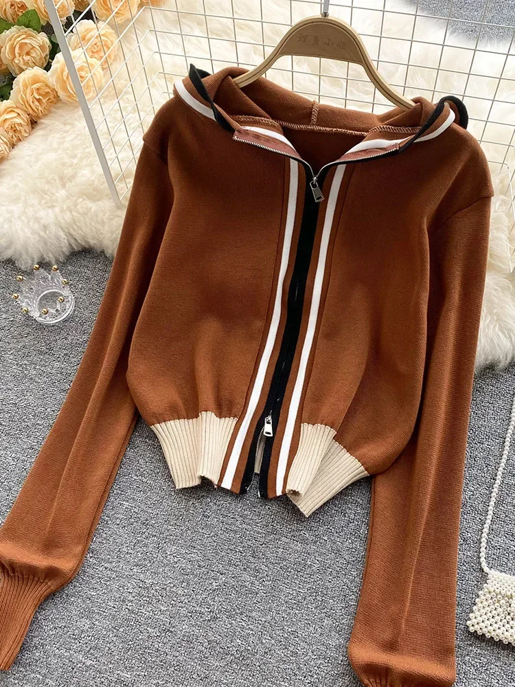 Phụ Nữ Châu Âu Mỹ Thời Trang Sọc Khâu Ngắn Áo Khoác Hoodie Nữ Mới Của Dây Kéo Rời Đan Cardigan Thun Ba Lỗ Crop-Top D0235