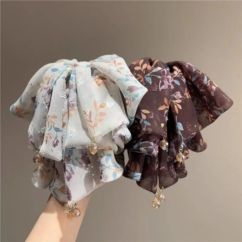 1pc ultra-faia floral laço malha rabo de cavalo garra clipe meio-up acessório de cabelo moda malha hairgrip para parte de trás da cabeça