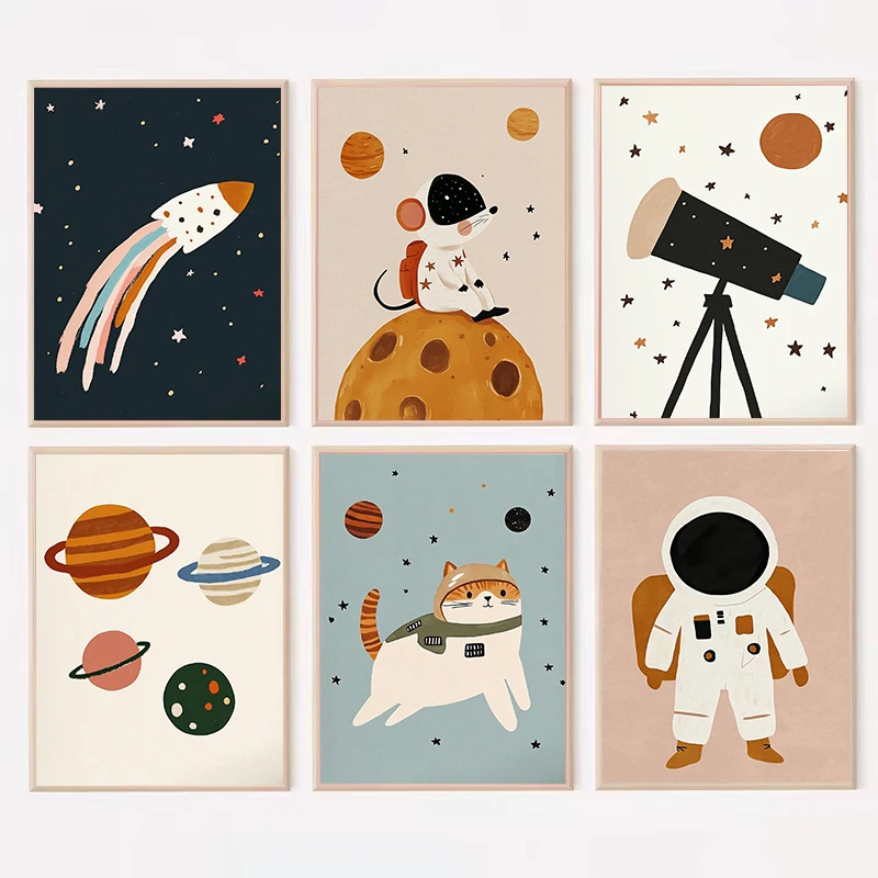 (No frame)Nordic Cartoon Outer Space Astronaut Animal's Adventure Nursery Poster Canvas Painting Wall Art Picture Home Kid's