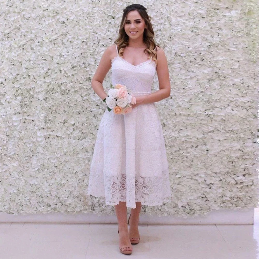 

Civil Wedding Dress Short 2022 Lace Spaghetti Straps A Line Wedding Gown for Women Bride Sleeveless Tea Length Mini Bridal Gowns