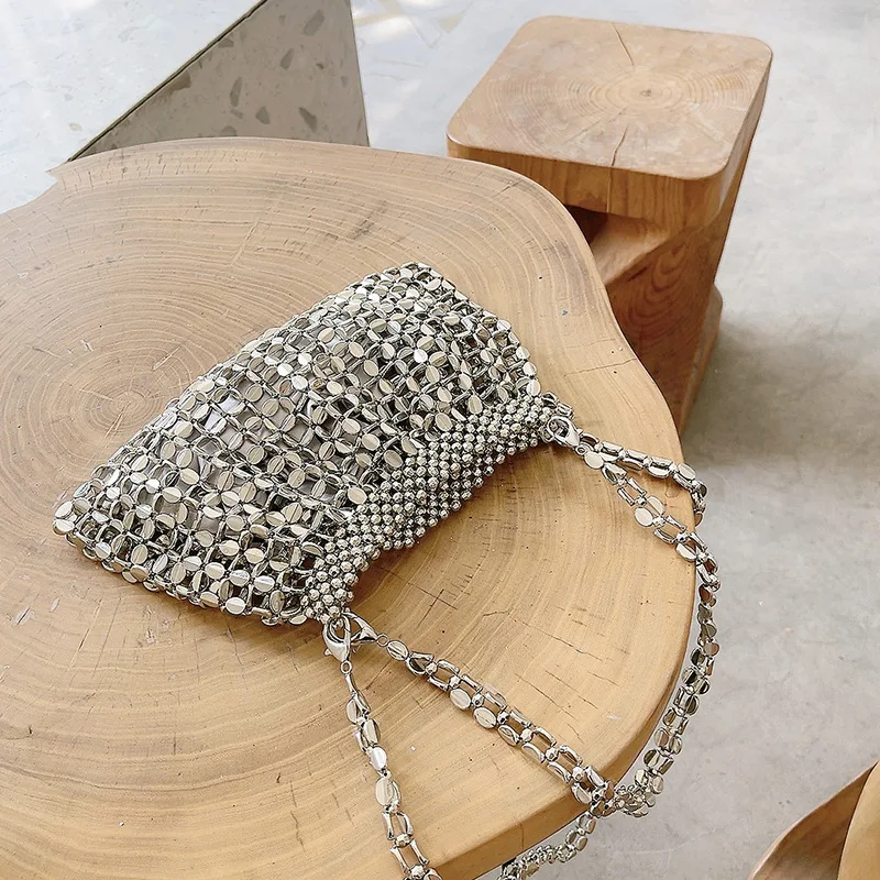 Silver Shiny Bag Handmade Woven Beaded Sequin Bag luxury Designer hobo shoulder bag Evening clutch Bag Purses
