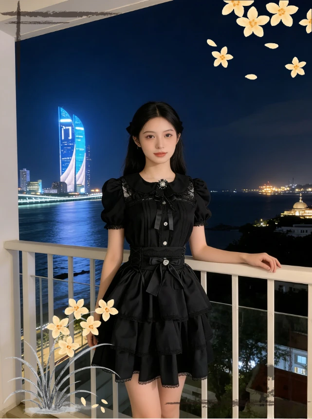 

Original Design Set Japanese Lolita Style Cute Subculture Long-sleeve Peter Pan Collar Tops and High-waisted Mini Tutu Skirt