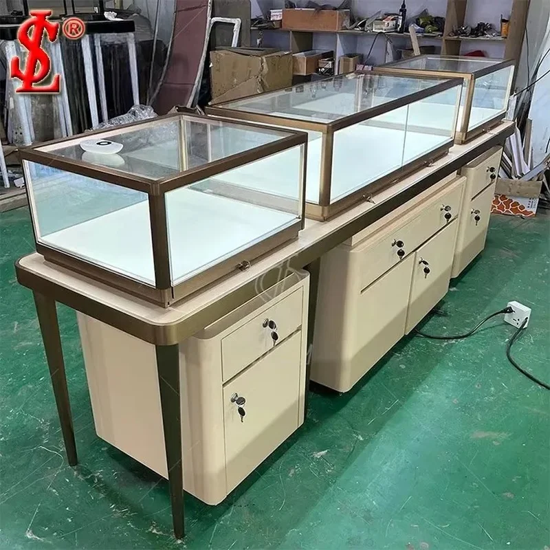 custom.Modern Luxury Jewelry Display Showcase Tempered Glass Vitrine Brushed Gold Frame Tapered Matte Black White Pedestal