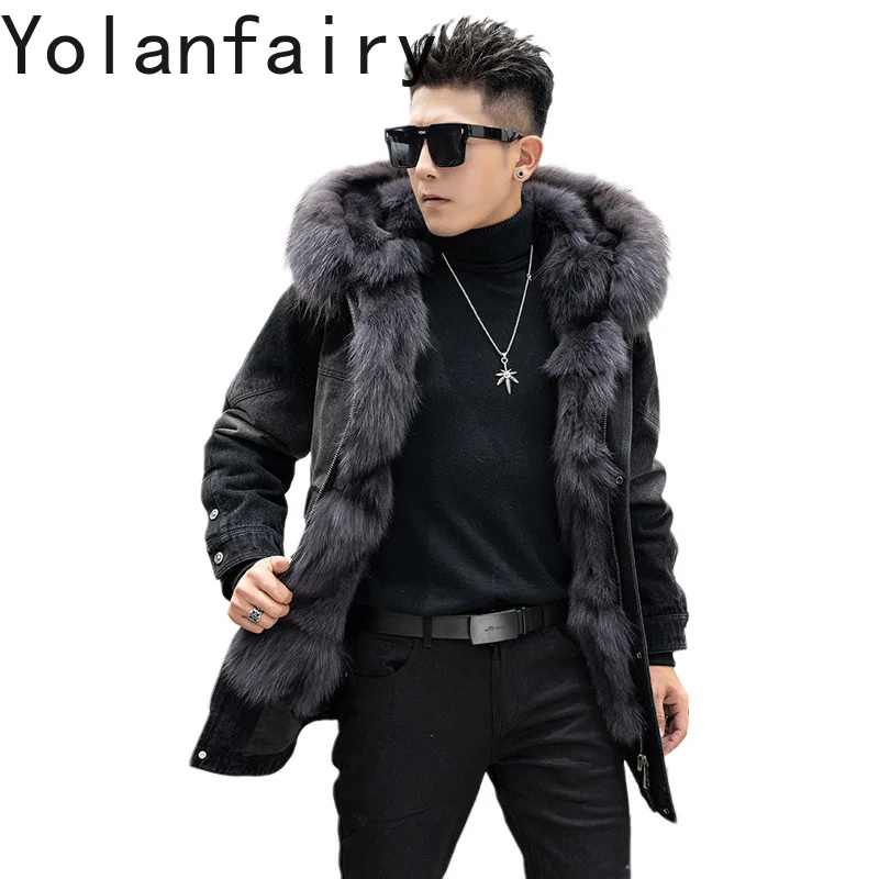 YOLANFAIRY Real Fox Fur Men Long Parkas Mens Luxury Clothing Winter Coat Men Very Warm Raccoon Fur Collar Loose Fit Бомбер 2024