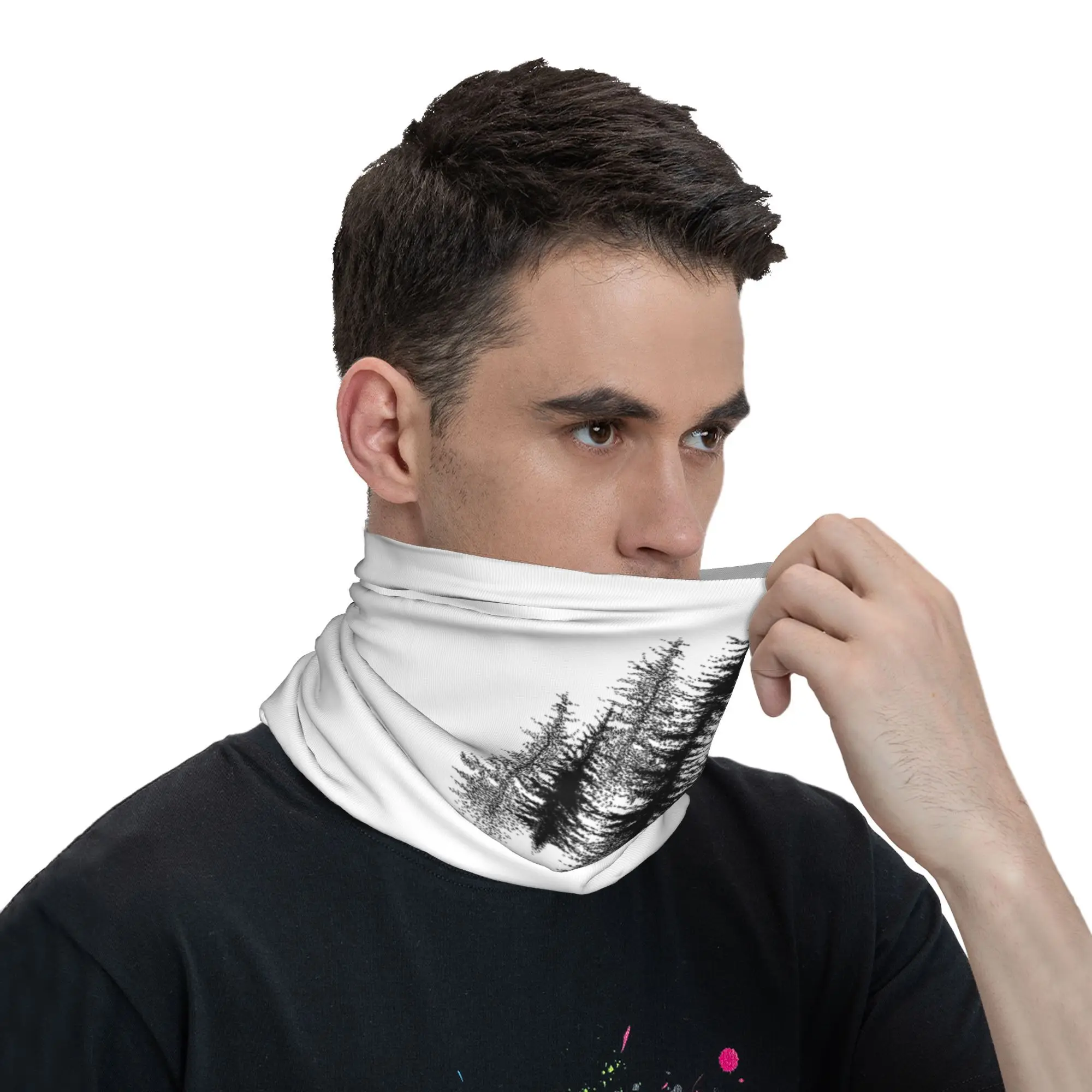 Dotwork black scandinavian forest Bandana Neck Cover Printed Wrap Scarf Warm Headwear Riding Unisex Adult Winter