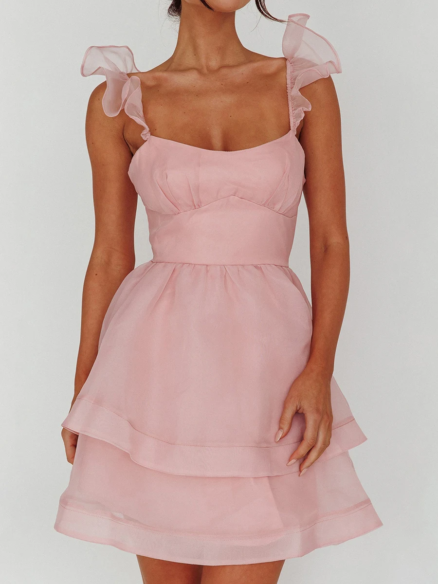 

Women s Puffy Mini Dress Y2K Sleeveless Ruffle Strap Dress Cute Mesh Flowy A Line Dresses Party Streetwear