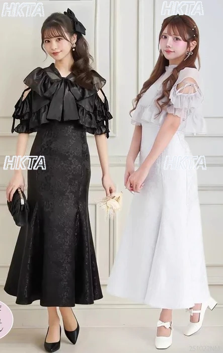 Japanese 2026 Spring Jacquard Sweet Ruffle Bow Strap Black Tops Elegant Commuter Slim Long Fishtail Dress Two Piecse Sets Women