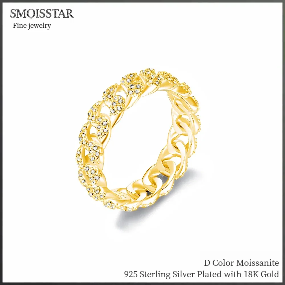 

S925 Sterling Silver Cuban Ring Full Moissanite Rings 18k Gold Plated Fine Jewelry Gift with GRA Certificate