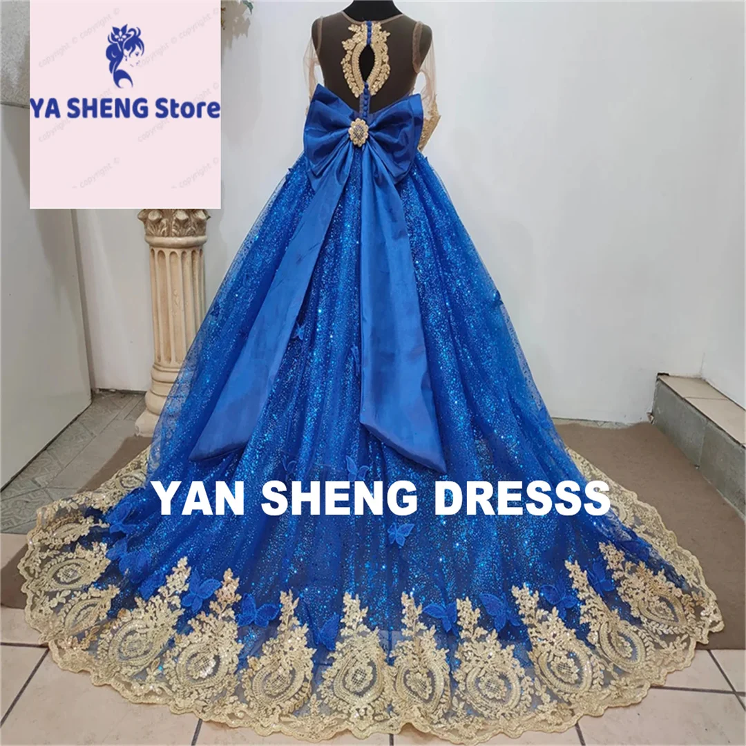 CustomizedDecal Gorgeous Long Sleeves Wedding Evening Flower Girl dress Dresses  Lace Big Bow Long Train First Communion Gown