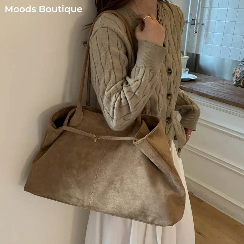 Tas Tote Belanja Ukuran Besar Untuk Wanita PU Suede Warna Polos Kapasitas Besar Tas Selempang Hobo Musim Gugur 2025 Tas Tangan Desainer Mewah Terbaru