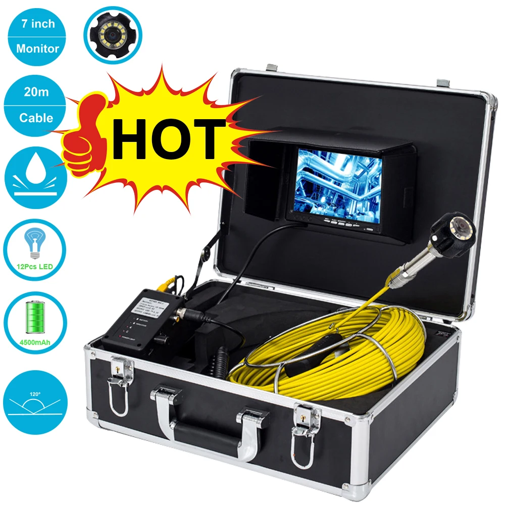 

Support DVR 7inch Pipe Drain Sewer Inspection Video System Waterproof 12pcs LEDS 23mm Industrial Endoscope Camera 20-50m Cable